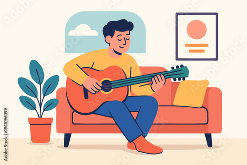 man playing guitar at home flat illustration