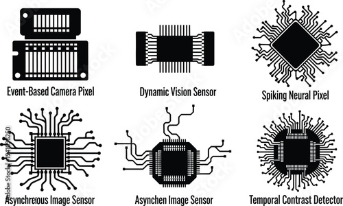 Various electronic component diagrams illustrate advanced sensor technology including event-based camera pixels and spiking neural processing units.