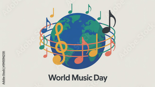 Vibrant world music day illustration with colorful musical notes around the earth globe on a light background