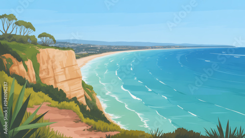 Serene coastal landscape with sandy beach turquoise ocean waves and lush greenery on a sunny day
