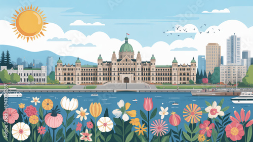 Vibrant illustration of british columbia parliament buildings in victoria with colorful flowers and sunny sky