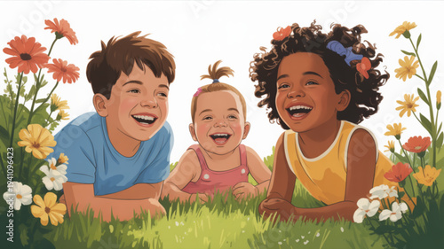 Three happy children lying in grass with colorful flowers laughing and smiling together outdoors