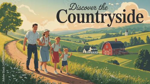 Family walking on a dirt road in a rural landscape with a barn and fields