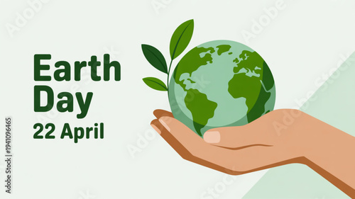 Earth day illustration of a hand holding the globe with leaves symbolizing environmental care and sustainability on april 22
