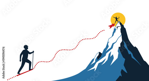 Silhouette of a hiker climbing a mountain along a path toward a summit with a successful person standing at the top.