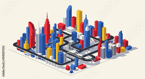 Abstract isometric cityscape with colorful skyscrapers and winding roads, representing urban development and city life.