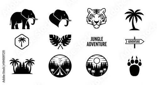 Jungle themed icons and illustrations featuring animal silhouettes