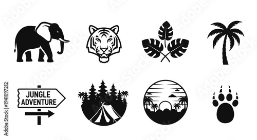 Jungle animal icons and tropical elements in a black silhouette