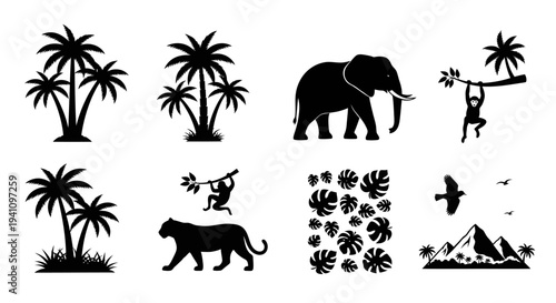 Tropical wildlife and landscape elements in a black silhouette