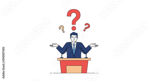 Confused businessman in suit standing at a red podium with question marks over his head during a difficult speech.