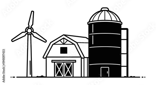 Farm buildings and wind turbine.