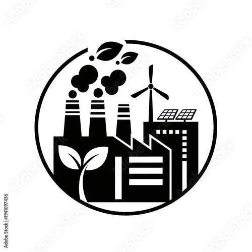 Factory with wind turbine and plant.