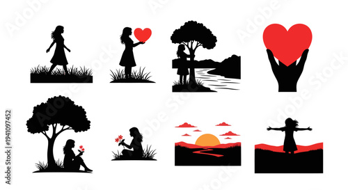 Romantic scenes with couples and nature presented as a silhouette
