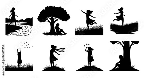 Joyful figures and trees depicted in a minimalist black silhouette