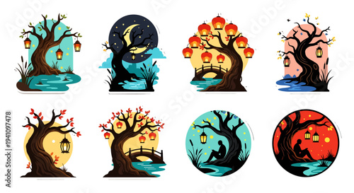 Mystical trees with lanterns and moonlit landscapes a sticker collection silhouette