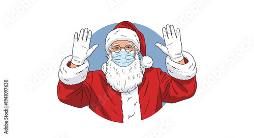 Santa Claus waving his hands while wearing a protective face mask for a safe Christmas celebration during the pandemic.