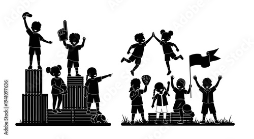 Children celebrating victory with joyful poses a dynamic silhouette