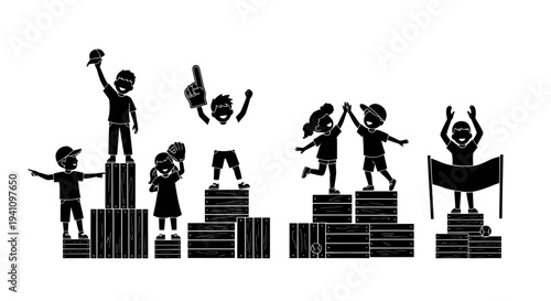 Children celebrating on stacked boxes in a playful silhouette