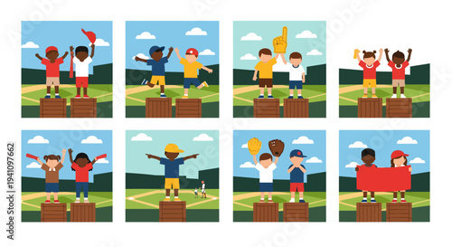 Diverse children celebrate victories on podiums in a flat style silhouette