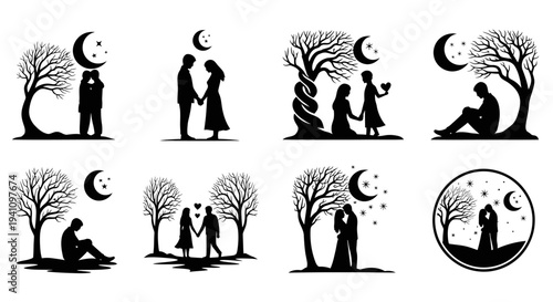 Romantic couples under the moon a collection of designs silhouette