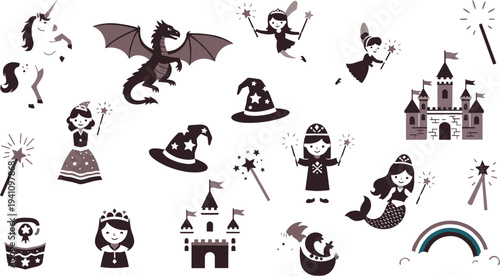 Fairy tale fantasy icons collection with princess, dragon, wizard hat, magic wand, castle and unicorn for children storybook and magical theme design