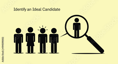 Human resources magnifying glass focusing on an ideal candidate among a group of potential employees for a job hiring.