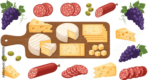 Cheese, salami and grapes food collection with sliced dairy products on wooden board, gourmet snack ingredients for restaurant menu and deli vector illustration