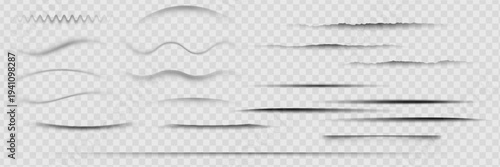 Various transparent shadows and straight linear to curved shapes on white background. Different intensity levels with depth and shading effects. Realistic