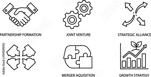 A set of six black and white line icons illustrates key concepts related to corporate strategy, including partnership, joint venture, alliance, merger, and growth.