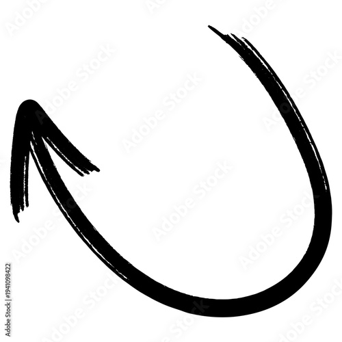 Hand drawn black arrow pointing up and left, brush stroke, on white background