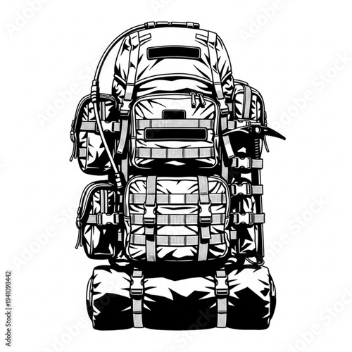 Large Tactical Hiking Backpack Illustration with Outdoor Survival Gear and Climbing Equipment