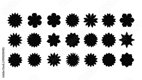 A collection of black flower shapes on a white background