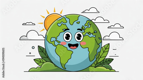 Smiling earth with green leaves and sunny sky symbolizing environmental happiness and eco friendly living
