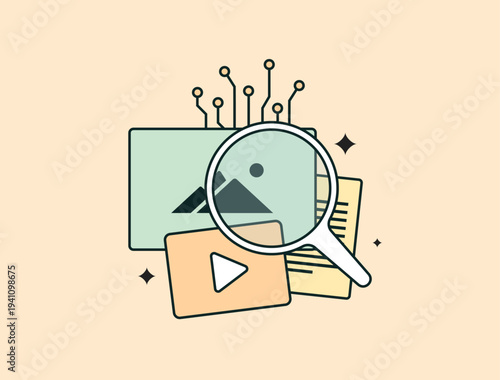 AI content detector platform, machine learning system analyzing text, image and video authenticity for synthetic media detection. Digital content verification, online moderation tools illustration