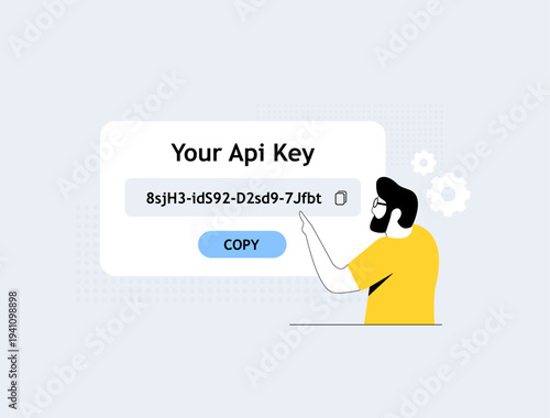 API key authentication security, developer managing access token verification. Protected application programming interface with encrypted request validation. Backend service control flat illustration