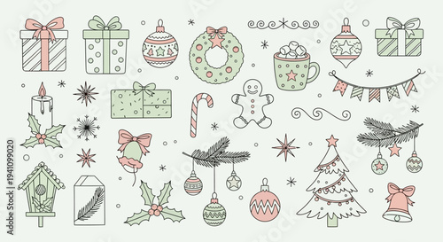 Festive Christmas Icons Collection: Gifts, Ornaments, Wreath, Tree, Snowflakes