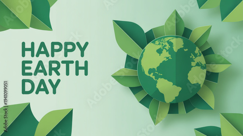 Happy earth day green globe surrounded by leaves on light green background eco friendly concept