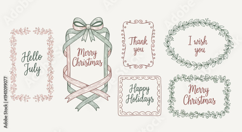 Hand-drawn decorative frames and banners with holiday greetings for Christmas and New Year