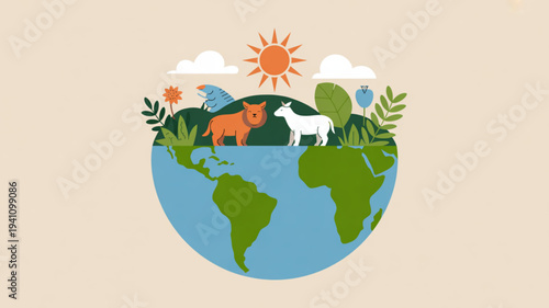 Earth with animals and plants on top symbolizing harmony with nature and eco friendly living green and blue globe with sun