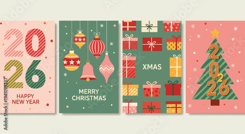 Happy New Year 2026 and Merry Christmas greeting cards collection, festive design