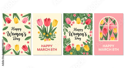 Happy Women's Day Cards with Tulips and Floral Borders - March 8th Celebration