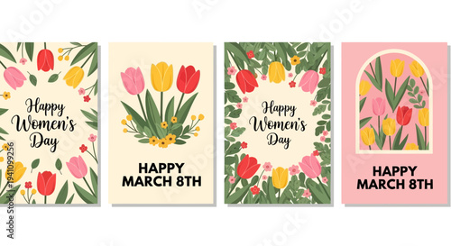 Happy Women's Day Cards with Tulips and Greenery - International Women's Day Celebration