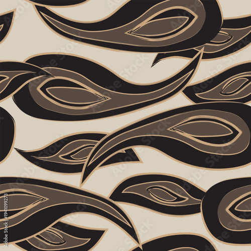 Textile Design Pattern With Paisley Motifs In Black Brown And Beige