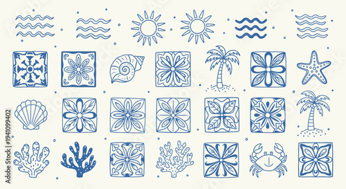 Nautical Pattern Set: Seashells, Palm Trees, Starfish, Sun, Waves, Coral, Crab and Tiles