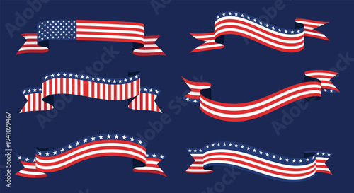 Various styles of American flag ribbons and banners with stars and stripes are set against a dark blue background.