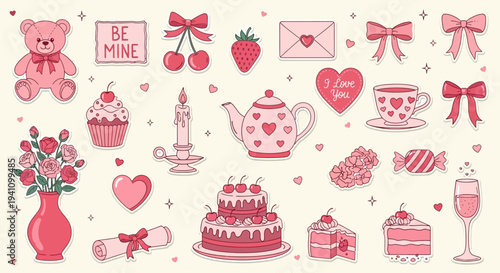 Pink Valentine's Day Stickers: Teddy Bear, Cake, Hearts, Flowers, Cupcake, Candy, Tea Set