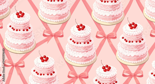 Seamless Pattern: Pink Layer Cakes with Cherries and Ribbons, Sweet Celebration Background