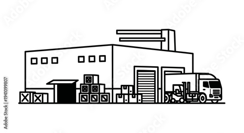 Large truck parked at warehouse loading dock.