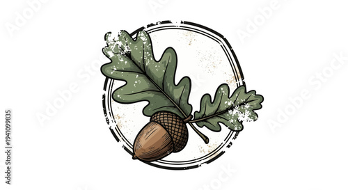 Oak leaf and acorn emblem, hand-drawn illustration, natural design element