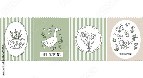 Spring Greetings Card Collection: Goose, Flowers, Teapot, Watering Can - Hand Drawn Illustration